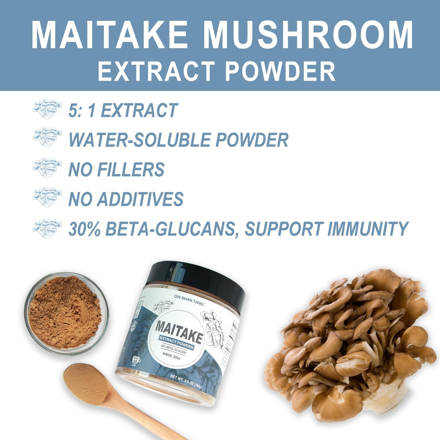 QIN SHAN TANG Maitake Mushroom Extract Powder - 100g, High Beta-glucans for Immune Support, Fruiting Body Supplement for Coffee & Smoothies