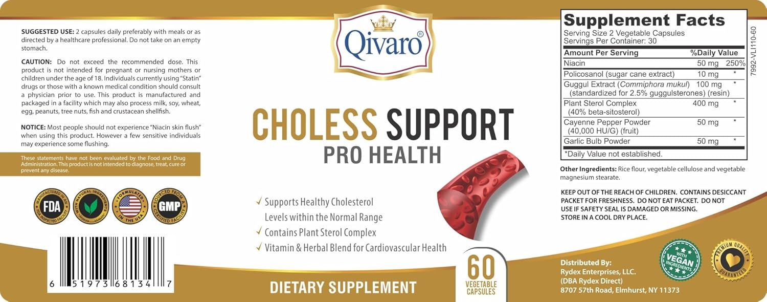 Qivaro Choless Support Pro Health Capsules - Cholesterol & Lipid Management with Guggul and Garlic Extract - Vegan & Non-GMO - 60 Count - Made in USA
