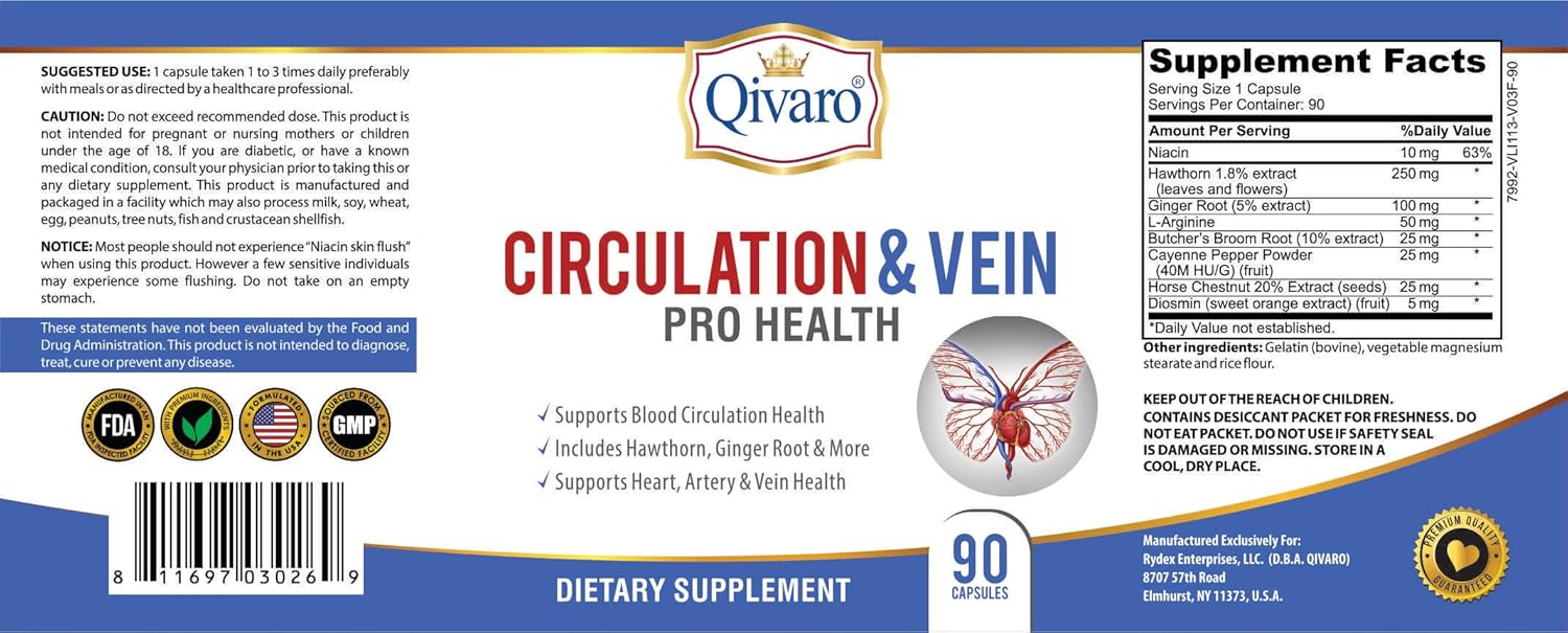 Qivaro Circulation & Vein Support Capsules with Niacin, L-Arginine, Ginger, Cayenne Pepper, Hawthorn & Diosmin - 90 Count