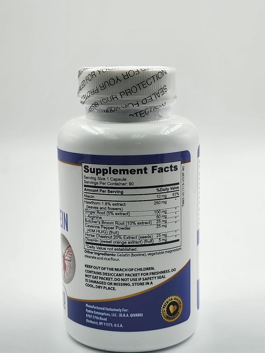 Qivaro Circulation & Vein Support Capsules with Niacin, L-Arginine, Ginger, Cayenne Pepper, Hawthorn & Diosmin - 90 Count