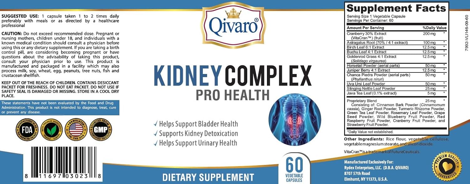 Qivaro Kidney Complex Pro-Health - Cranberry Extract Kidney Support Supplement - Promotes Healthy Kidneys & Urinary Tract - 60 Capsules