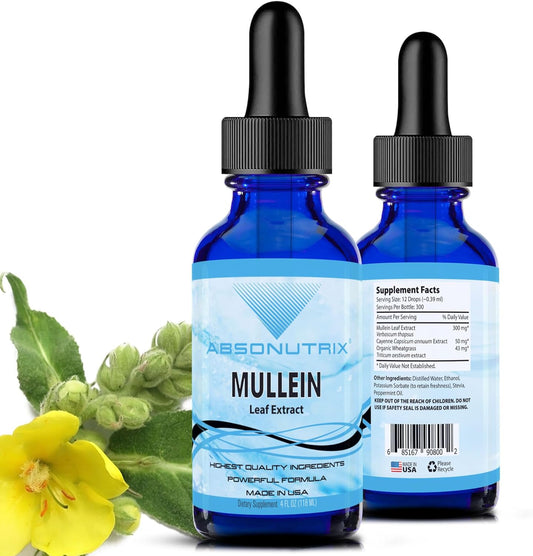 Quality Absonutrix Mullein Liquid Supplement - 4 Oz, 300 Servings, Made in USA, Non-GMO, GMP Certified, Cruelty-Free