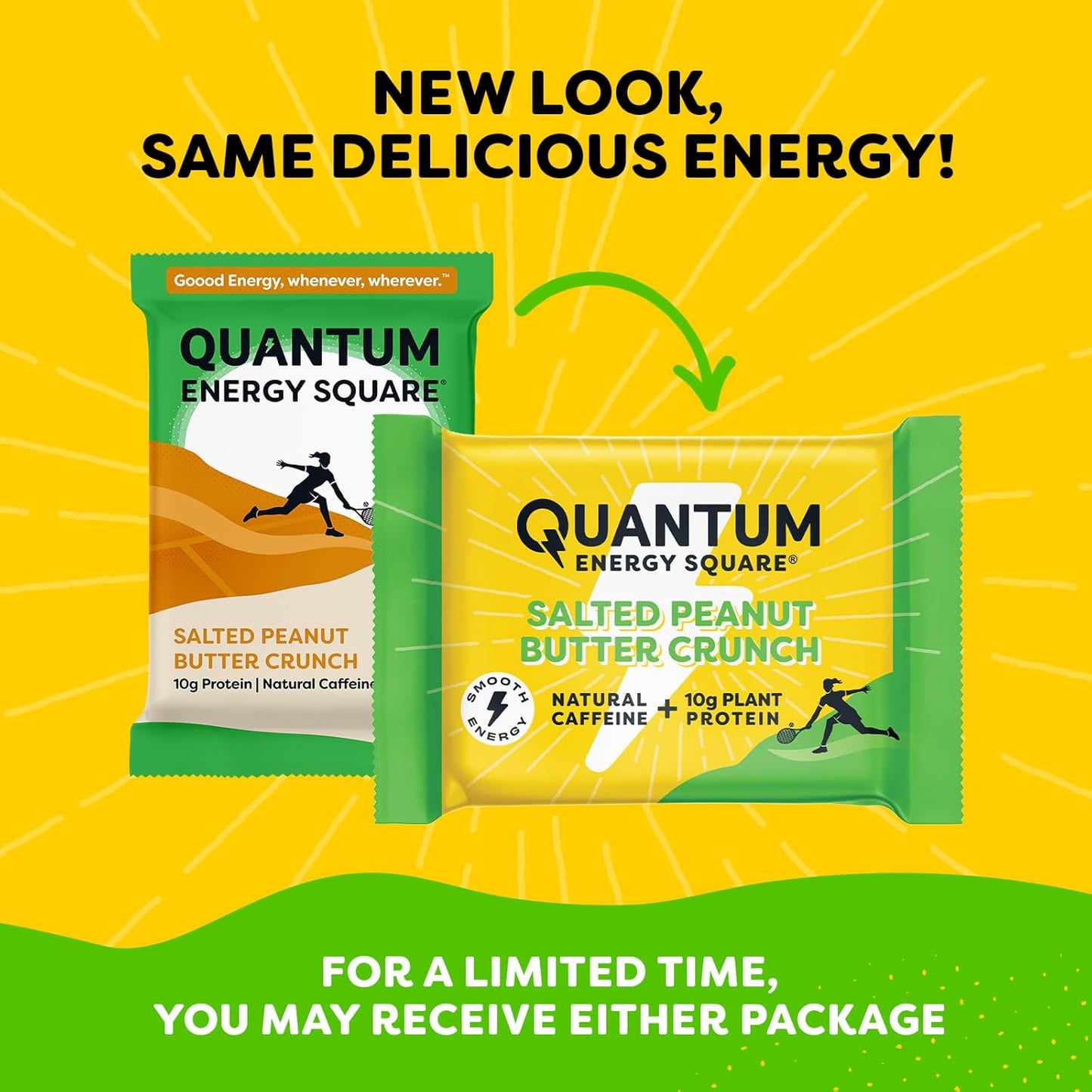 Quantum Energy Squares - Salted Peanut Butter Energy Bar with Caffeine & 10g Protein - Vegan, Gluten, Soy, Dairy-Free - 8 Pack