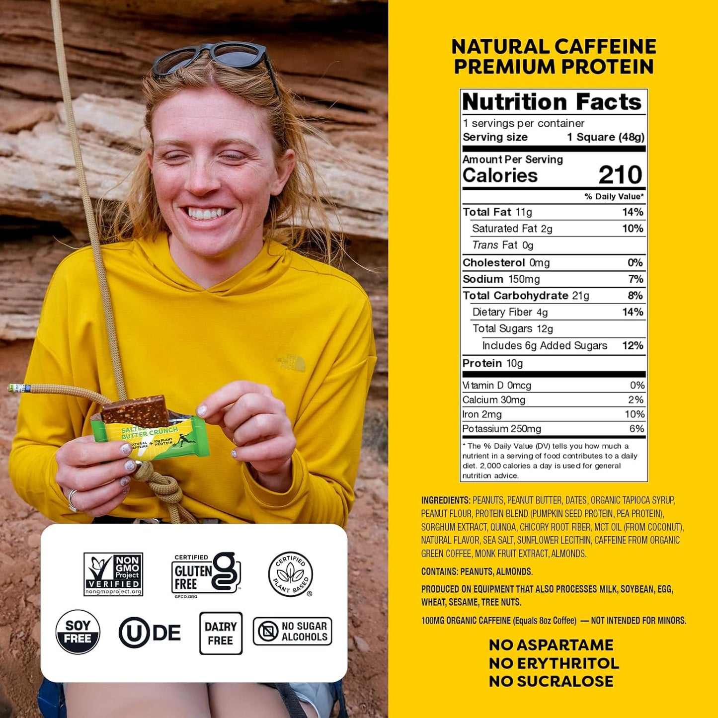 Quantum Energy Squares - Salted Peanut Butter Energy Bar with Caffeine & 10g Protein - Vegan, Gluten, Soy, Dairy-Free - 8 Pack