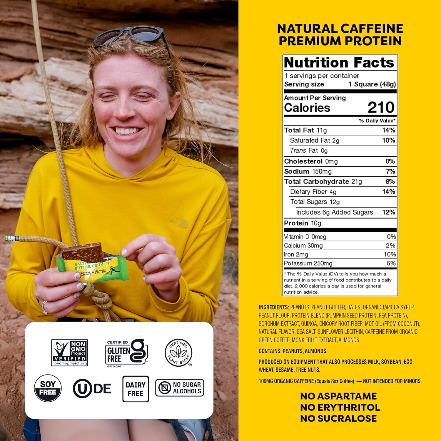 Quantum Energy Squares - Salted Peanut Butter Energy Bar with Caffeine & 10g Protein - Vegan, Gluten, Soy, Dairy-Free - 8 Pack