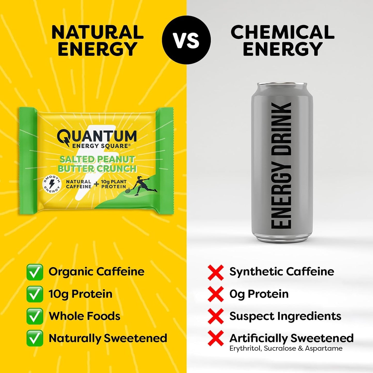 Quantum Energy Squares - Salted Peanut Butter Energy Bar with Caffeine & 10g Protein - Vegan, Gluten, Soy, Dairy-Free - 8 Pack