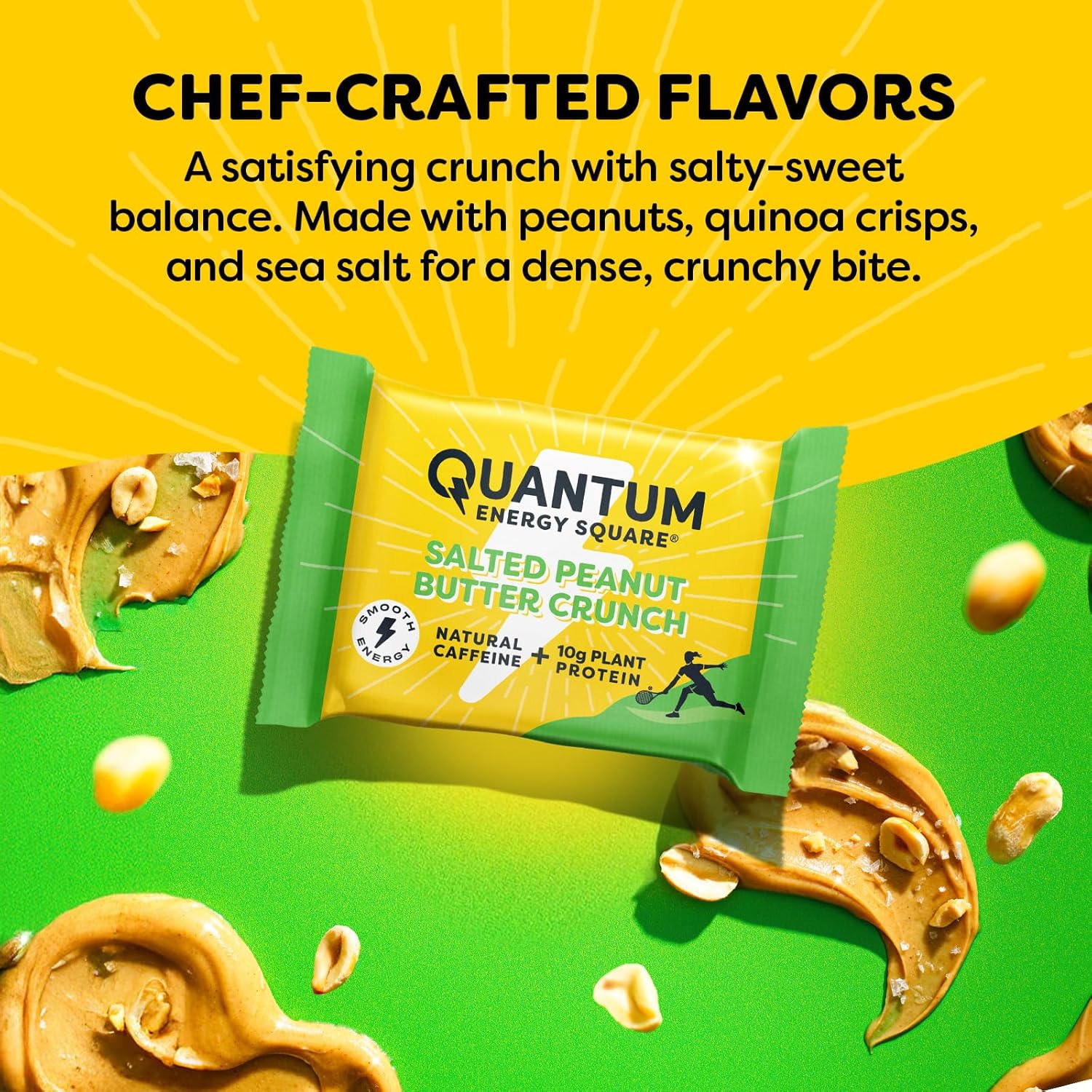 Quantum Energy Squares - Salted Peanut Butter Energy Bar with Caffeine & 10g Protein - Vegan, Gluten, Soy, Dairy-Free - 8 Pack