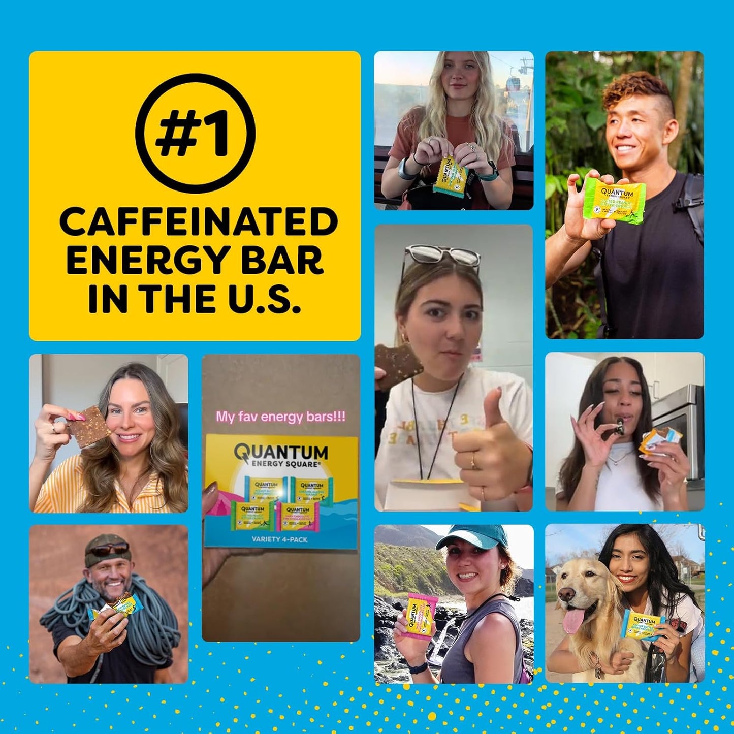 Quantum Energy Squares - Salted Peanut Butter Energy Bar with Caffeine & 10g Protein - Vegan, Gluten, Soy, Dairy-Free - 8 Pack