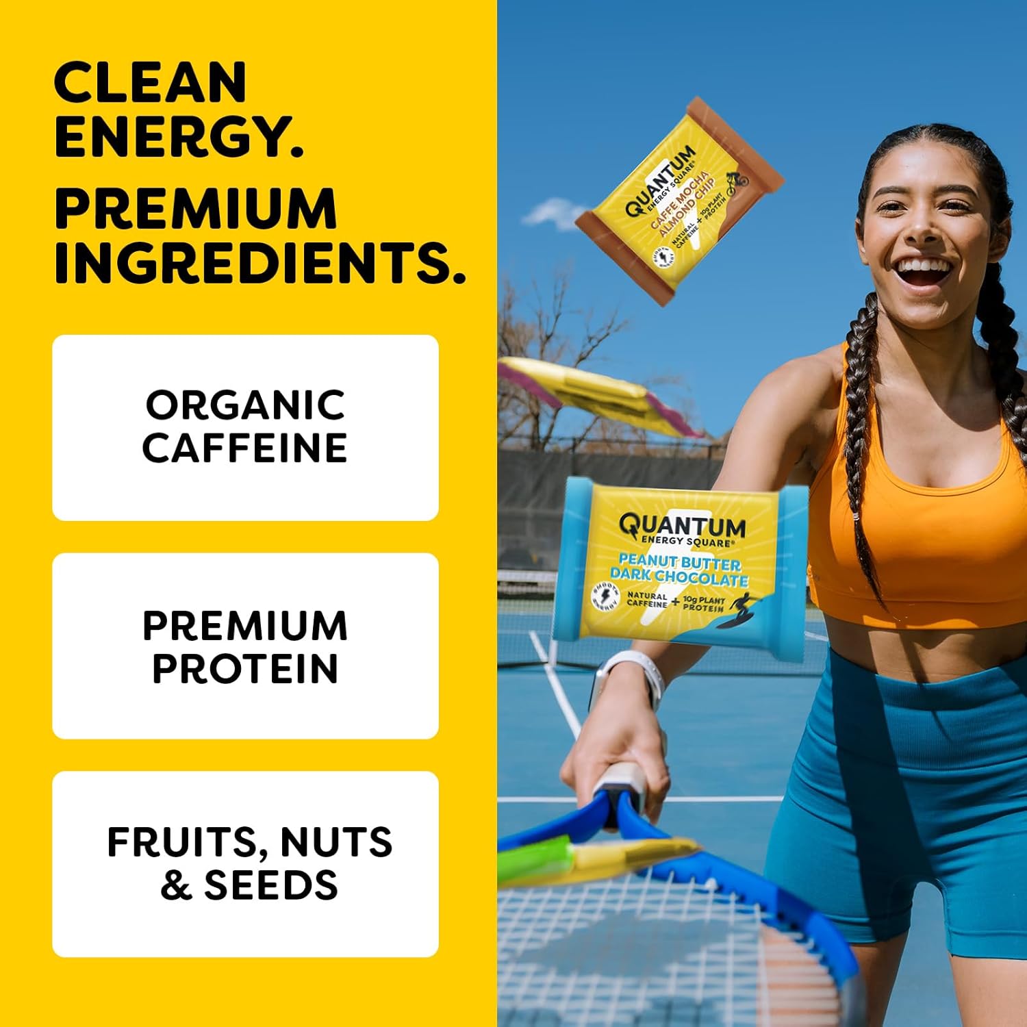 Quantum Energy Squares - Salted Peanut Butter Energy Bar with Caffeine & 10g Protein - Vegan, Gluten, Soy, Dairy-Free - 8 Pack