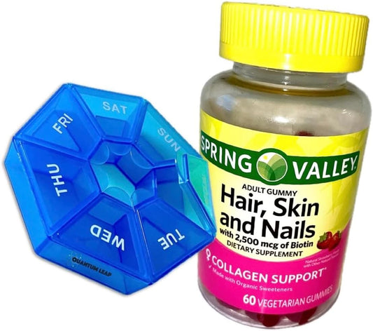 Quantum Leap Weekly Pill Organizer with Spring Valley Hair, Skin, Nails Gummies - 60 Count
