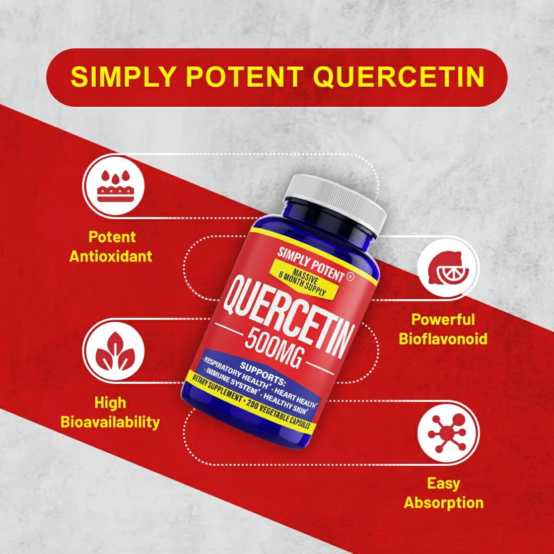 Quercetin 500mg Capsules - 200 Count, High Potency Vegan Antioxidant Pills for Heart & Immune Support