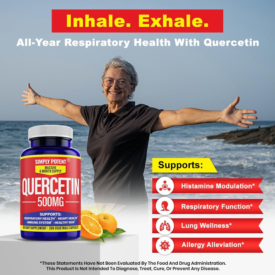 Quercetin 500mg Capsules - 200 Count, High Potency Vegan Antioxidant Pills for Heart & Immune Support