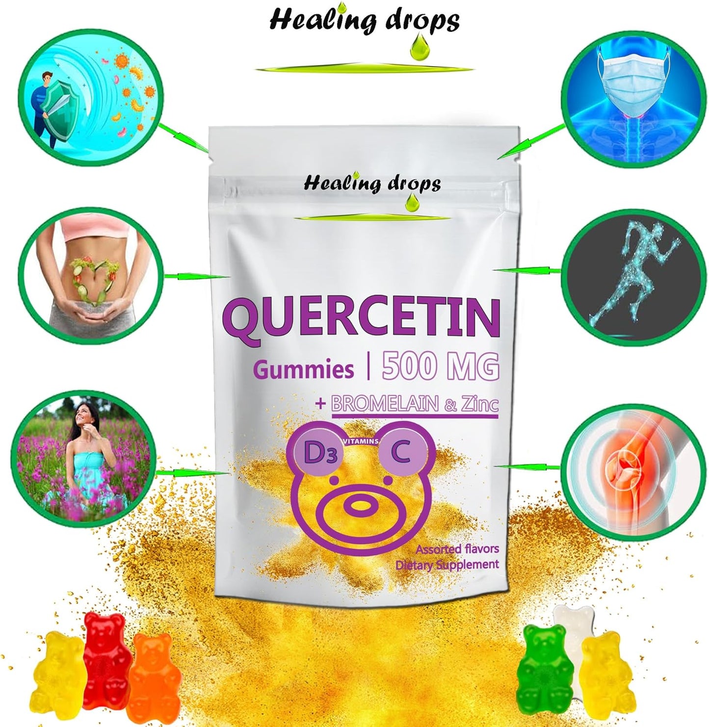 Quercetin 500mg Gummies with Vitamin C, Zinc, and D3 for Kids and Adults