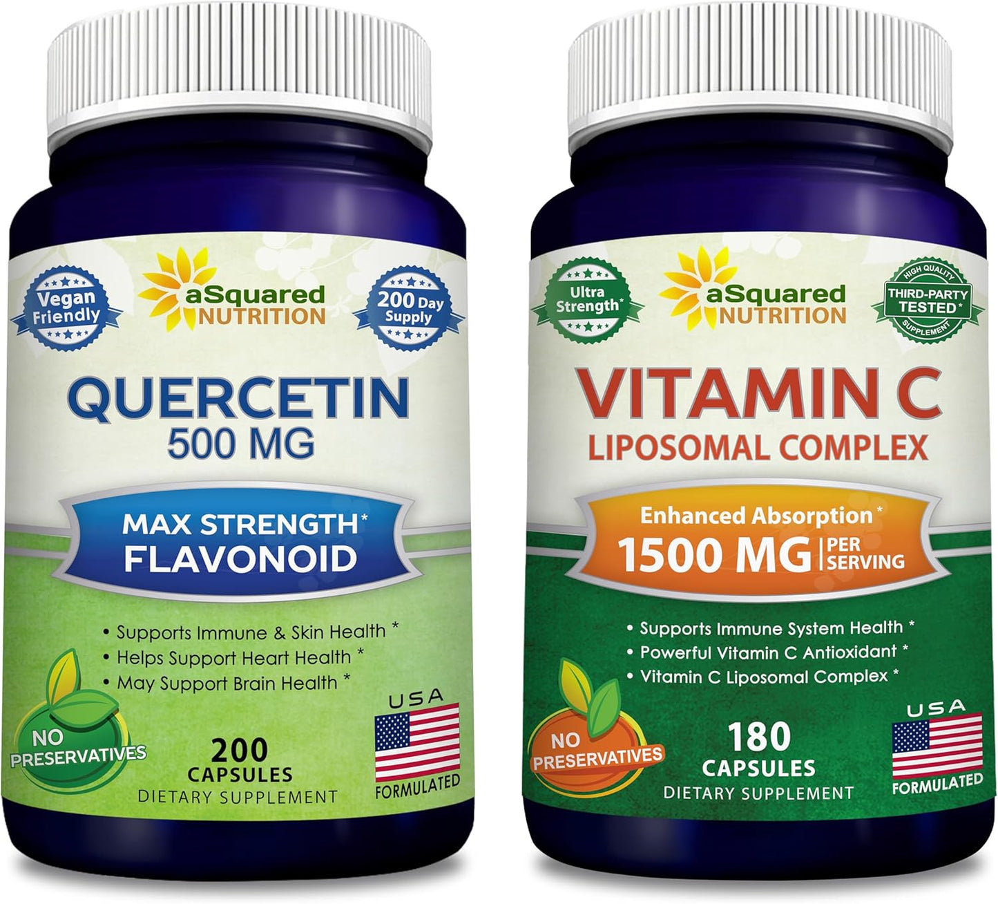 Quercetin 500mg & Vitamin C Liposomal Complex 1500mg Bundle for Immune Support by aSquared Nutrition