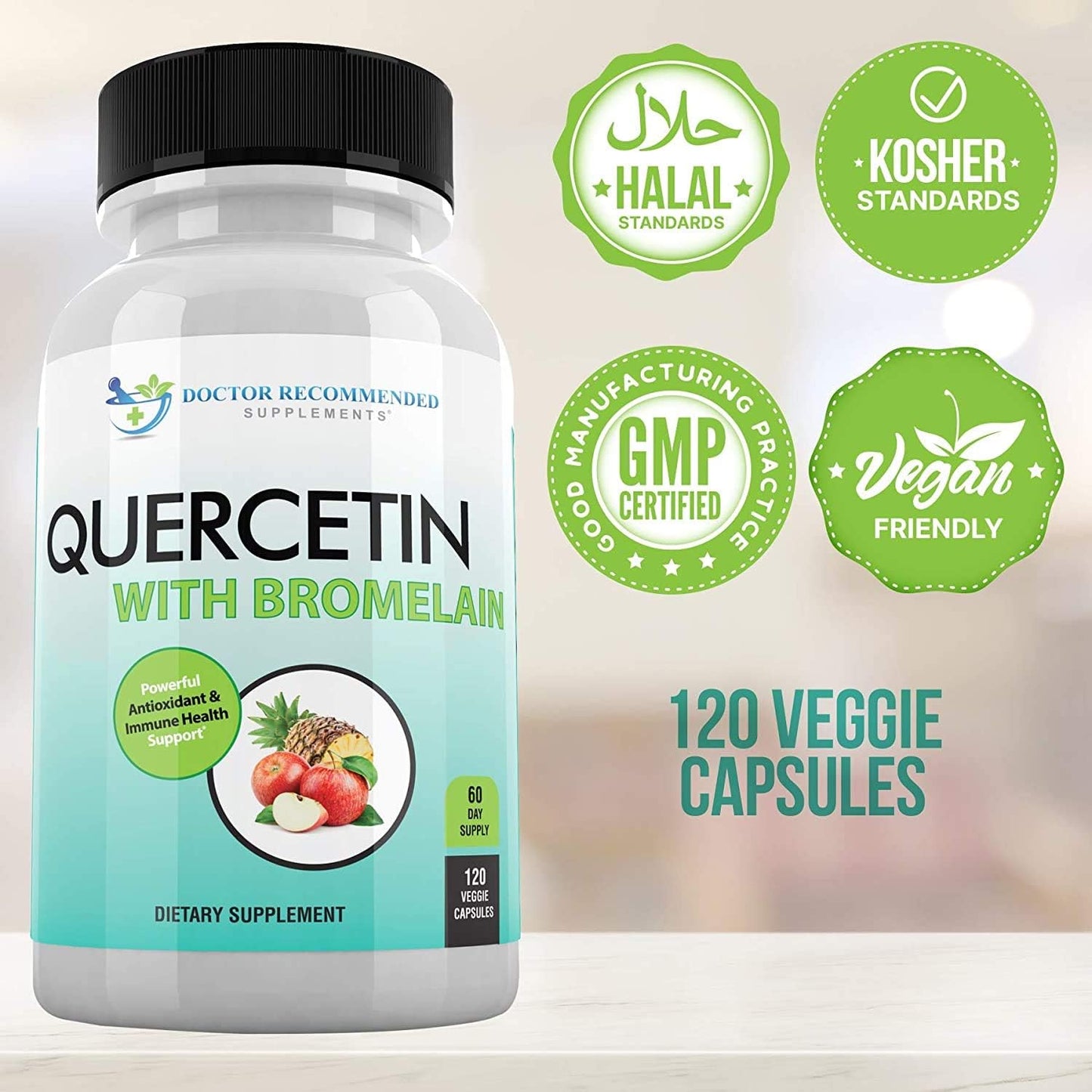 Quercetin 800mg with Bromelain 165mg - 120 Veggie Capsules - Doctor Recommended Bioflavonoids Supplement - Gluten Free, Non-GMO - Pack of 3 - BoostGo Australia