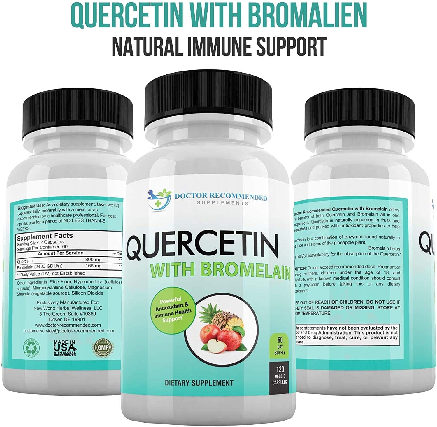 Quercetin 800mg with Bromelain 165mg - 120 Veggie Capsules - Doctor Recommended Bioflavonoids Supplement - Gluten Free, Non-GMO - Pack of 3 - BoostGo Australia