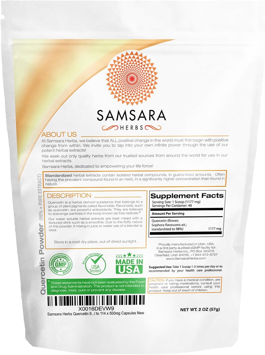 Quercetin 98% Pure Extract Powder - 2oz (57g) Equivalent to 114 x 500mg Capsules by Samsara Herbs