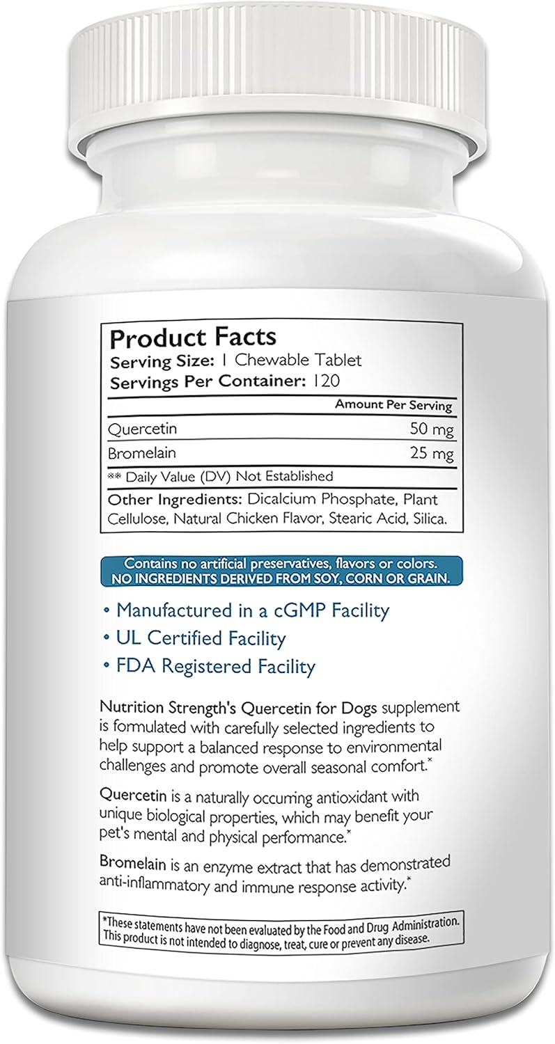 Quercetin and Bromelain Chewable Tablets for Dogs: Immune System Support, Inflammatory Relief, Antioxidant Activity - 120 Count