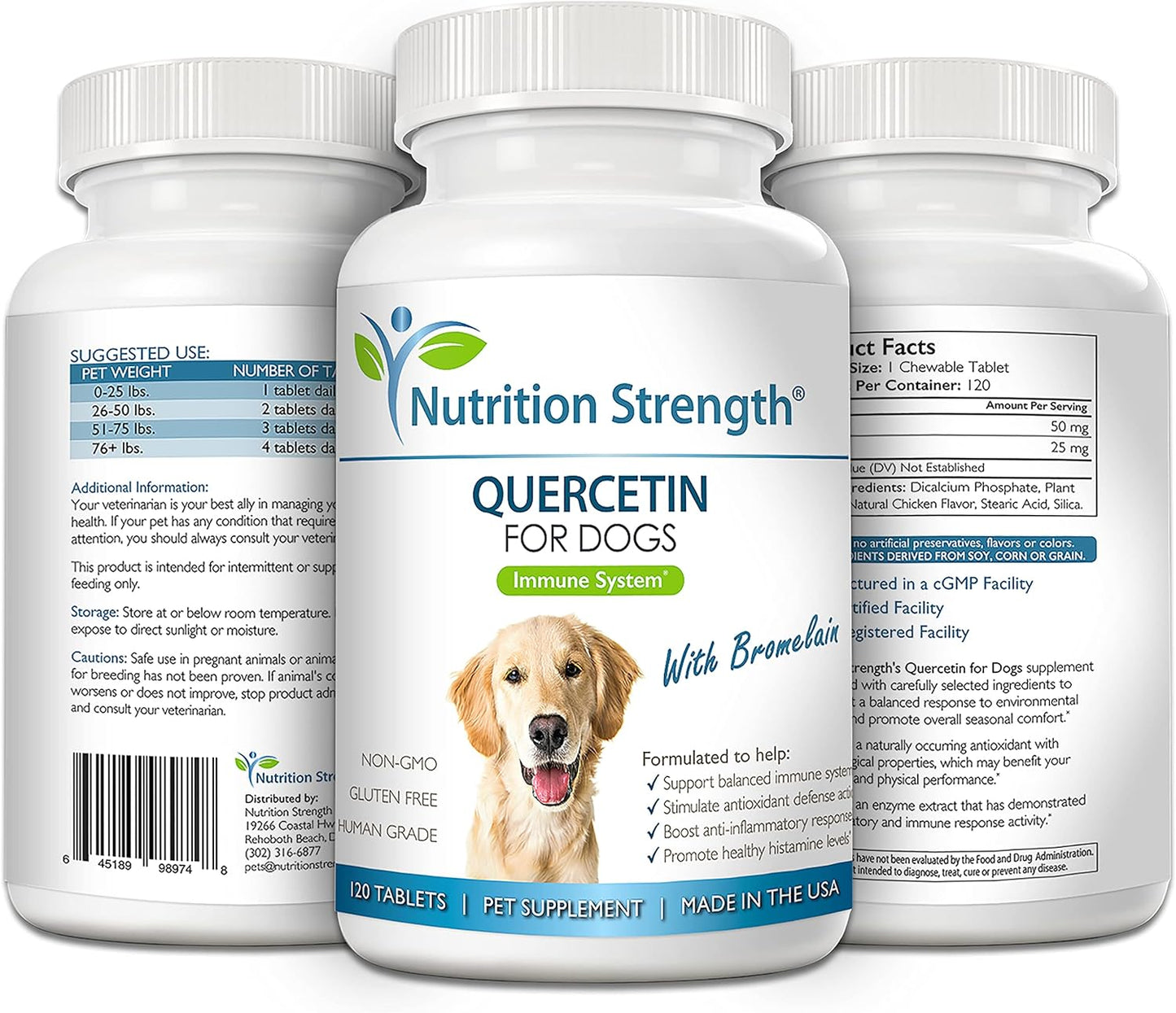 Quercetin and Bromelain Chewable Tablets for Dogs: Immune System Support, Inflammatory Relief, Antioxidant Activity - 120 Count