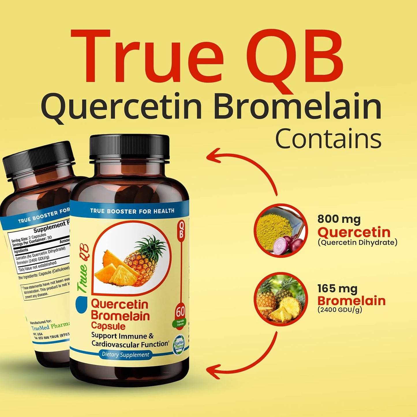 Quercetin Bromelain Supplement - Immune & Cardiovascular Support - Antioxidant Protection - 800mg Quercetin - 165mg Bromelain - 60 Veg Capsules