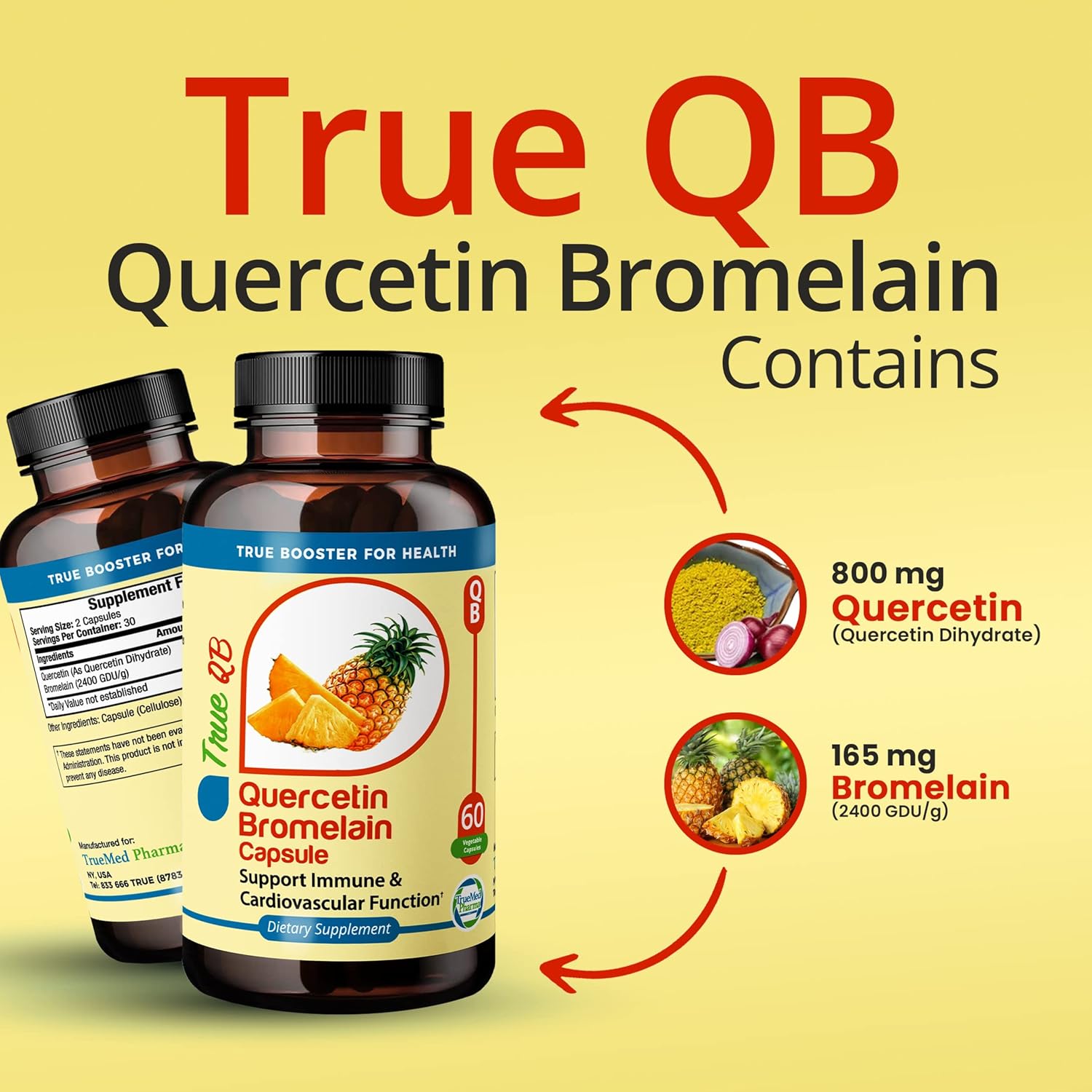 Quercetin Bromelain Supplement - Immune & Cardiovascular Support - Antioxidant Protection - 800mg Quercetin - 165mg Bromelain - 60 Veg Capsules