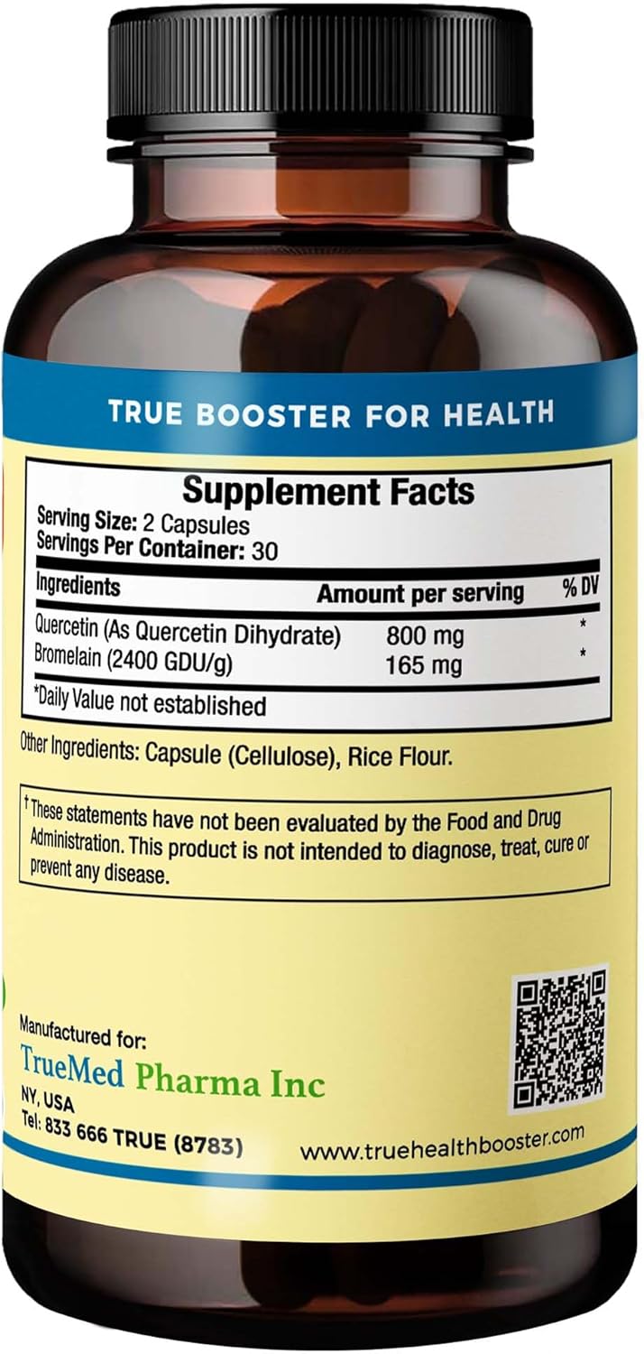 Quercetin Bromelain Supplement - Immune & Cardiovascular Support - Antioxidant Protection - 800mg Quercetin - 165mg Bromelain - 60 Veg Capsules