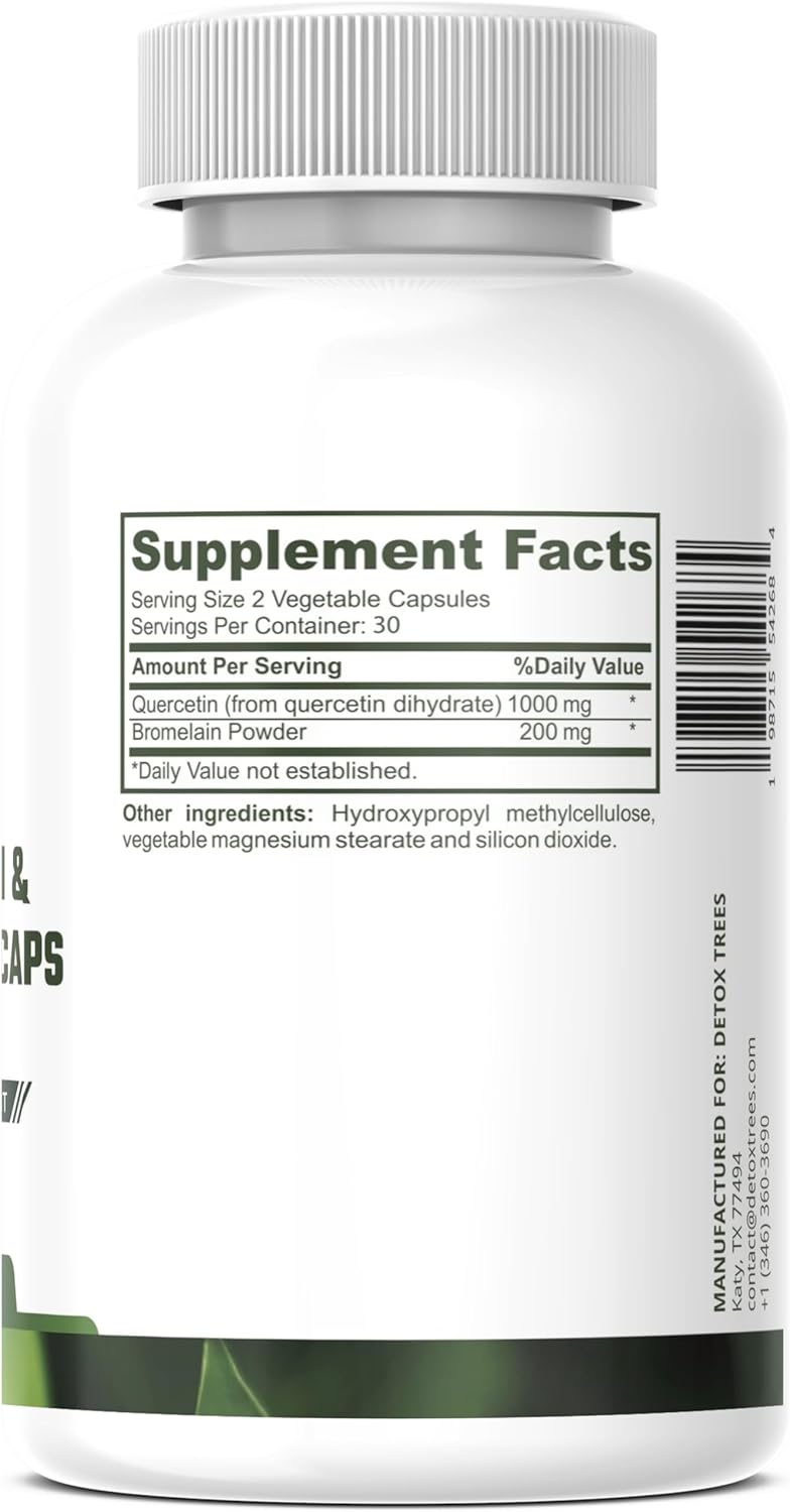Quercetin Bromelain Supplement for Respiratory Health & Immune Support - 60 Capsules, 1000mg Quercetin + 200mg Bromelain, Non-GMO, Vegan, Gluten Free