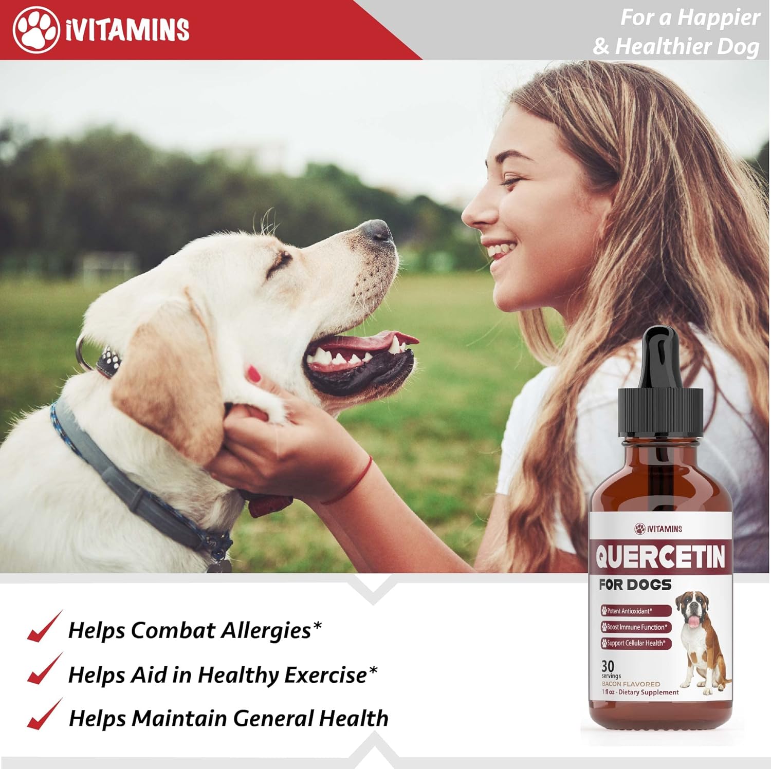 Quercetin Dog Allergy Relief Supplements - Bacon Flavored Chewable for Dogs (1 Pack)