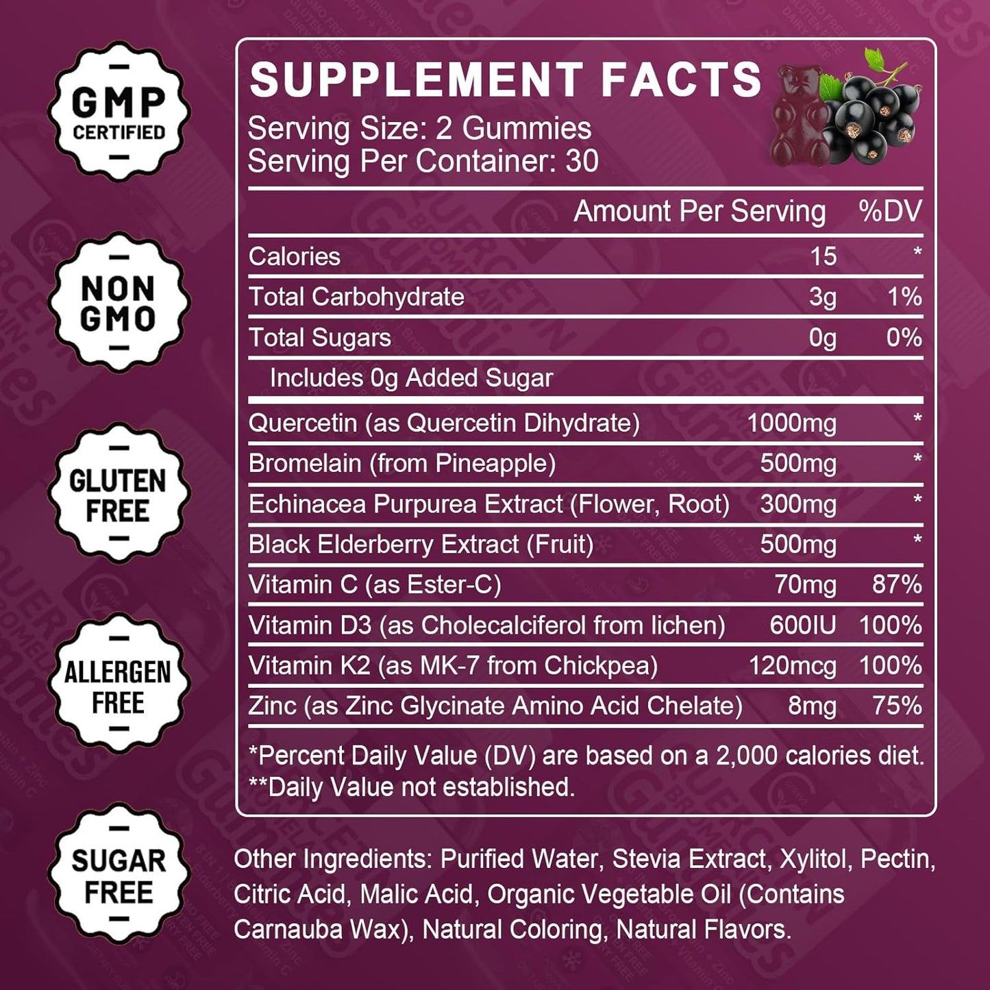 Quercetin Gummies with Bromelain & Elderberry - Immune Support Complex with Zinc, Vitamin C, D3, K2 - 2 Pack, 2378mg