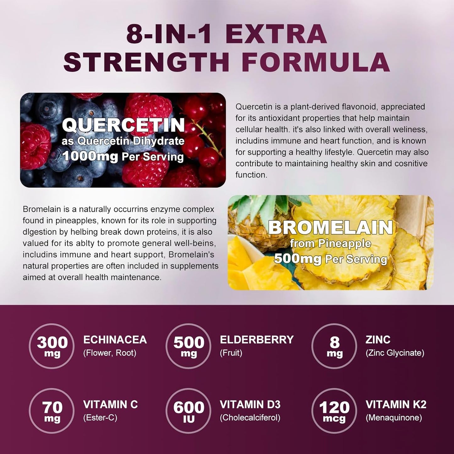 Quercetin Gummies with Bromelain & Elderberry - Immune Support Complex with Zinc, Vitamin C, D3, K2 - 2 Pack, 2378mg