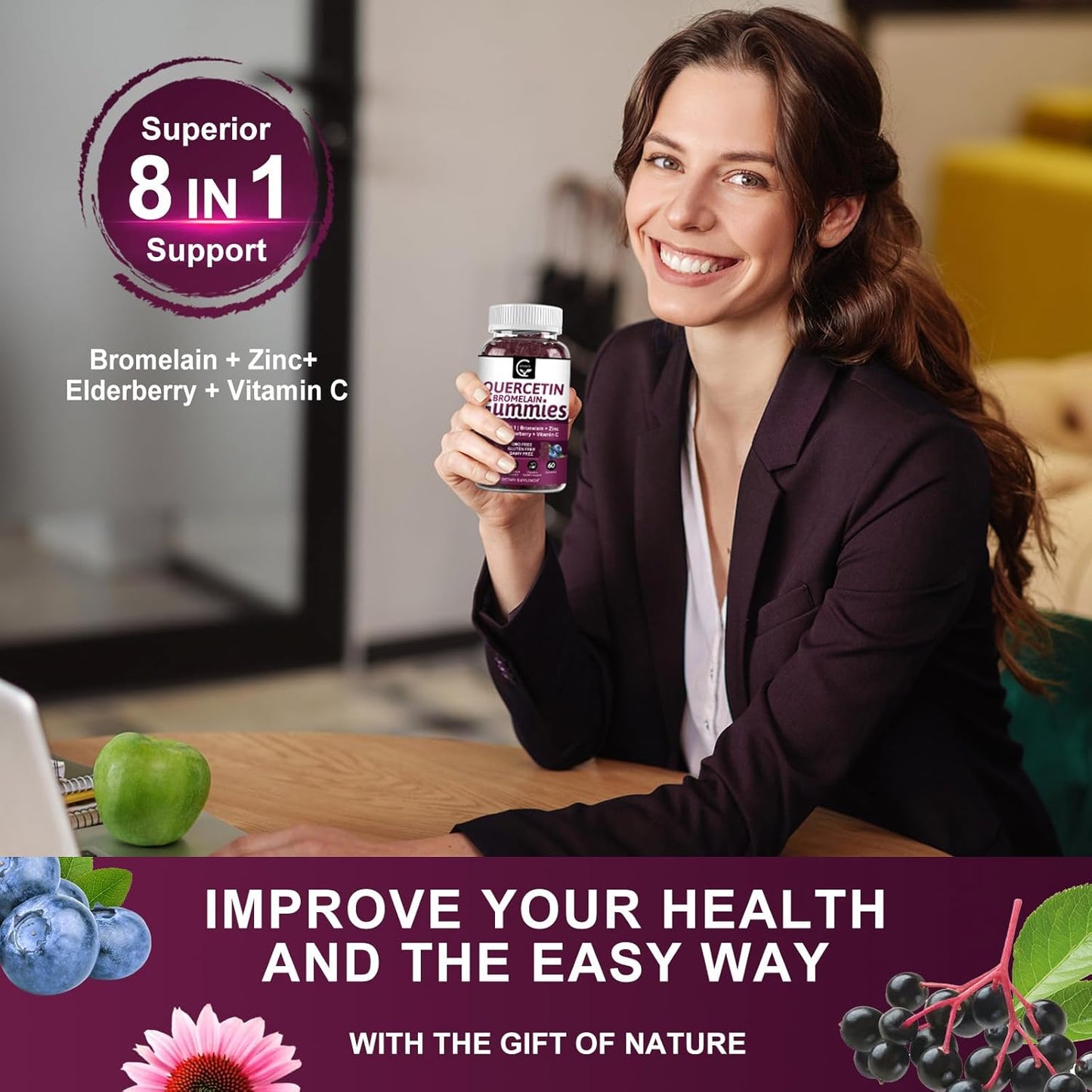 Quercetin Gummies with Bromelain & Elderberry - Immune Support Complex with Zinc, Vitamin C, D3, K2 - 2 Pack, 2378mg