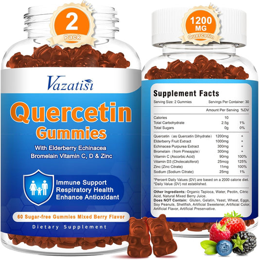 Quercetin Gummies with Bromelain, Elderberry, Zinc, and Vitamin C - Immune Support for Adults & Kids - Vegan Mixed Berry Flavor - 2 Pack (120 Count)