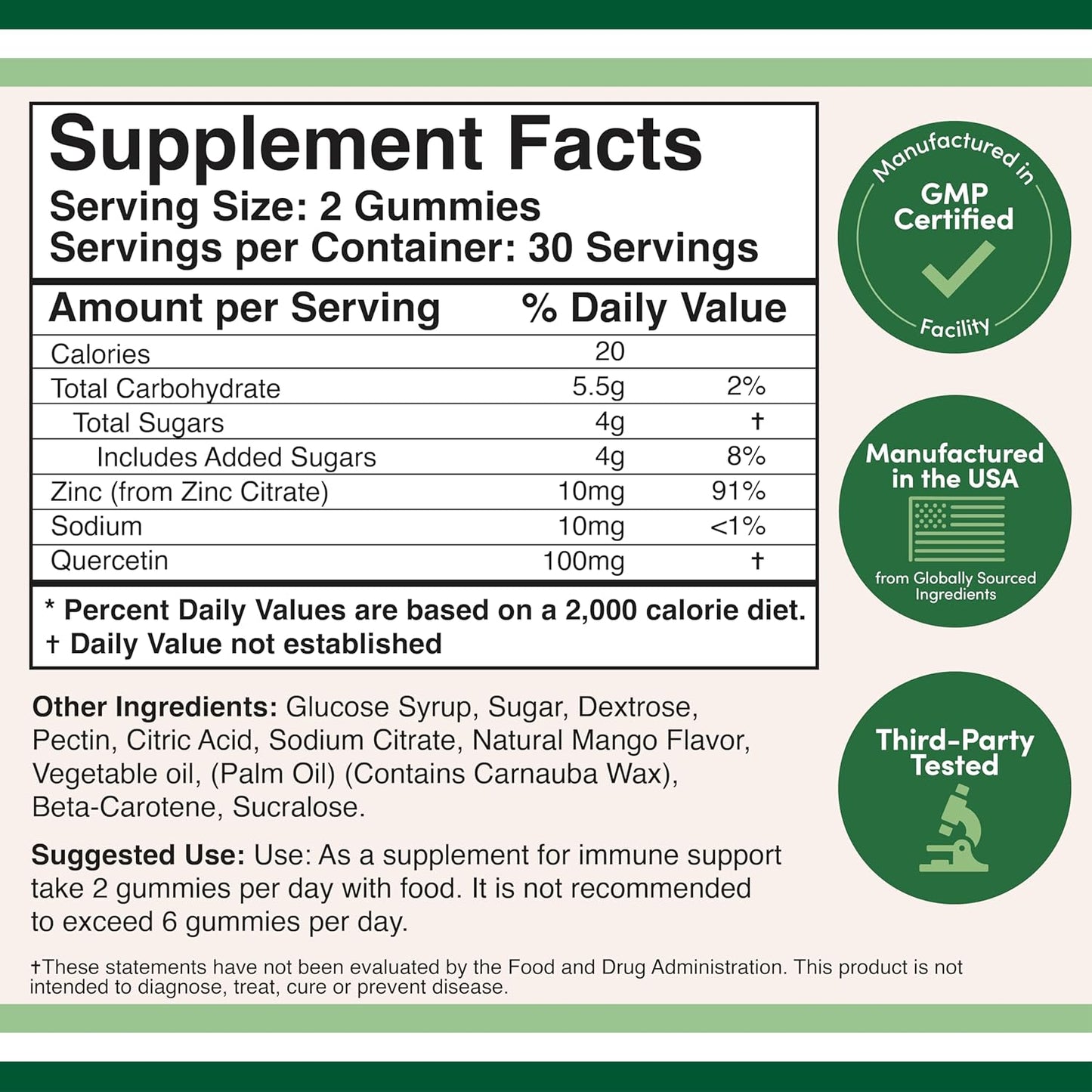 Quercetin Gummies with Zinc - Mango Flavored Immune Support for Adults and Kids - 60 Chewable Gummies - Double Wood