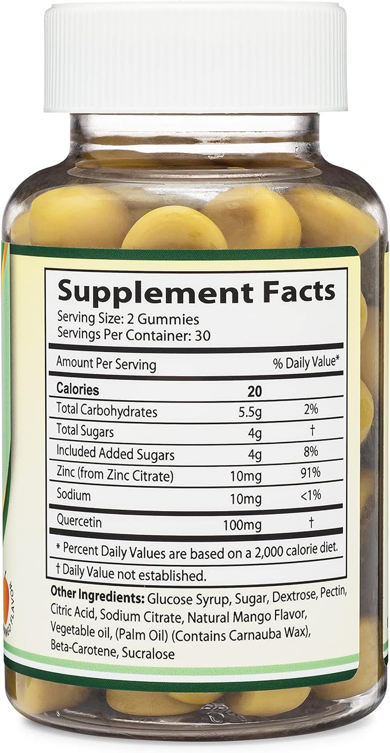 Quercetin Gummies with Zinc - Mango Flavored Immune Support for Adults and Kids - 60 Chewable Gummies - Double Wood