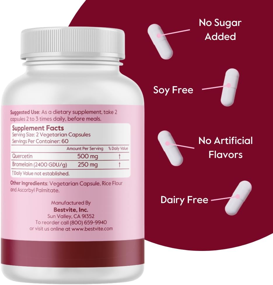 Quercetin with Bromelain 500mg/250mg (120 Veg Caps) - Vegan, Non-GMO, Gluten-Free - No Stearates or Silicon Dioxide