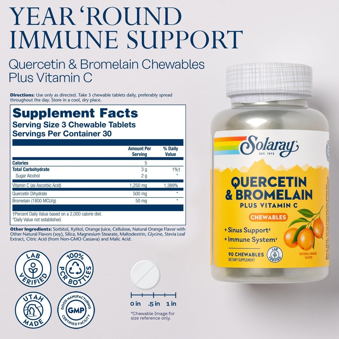Quercetin with Bromelain and Vitamin C Chewables - Immune Support Supplement - 1250mg Vit C - Natural Orange Flavor - 90ct