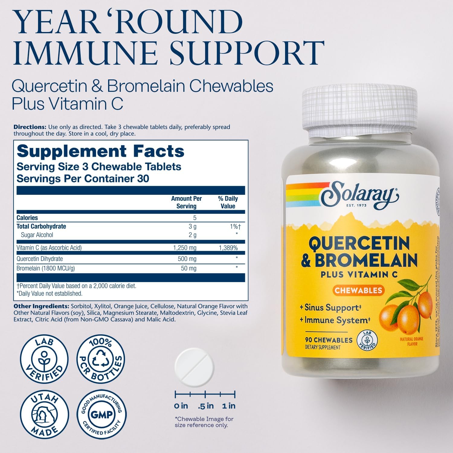 Quercetin with Bromelain and Vitamin C Chewables - Immune Support Supplement - 1250mg Vit C - Natural Orange Flavor - 90ct