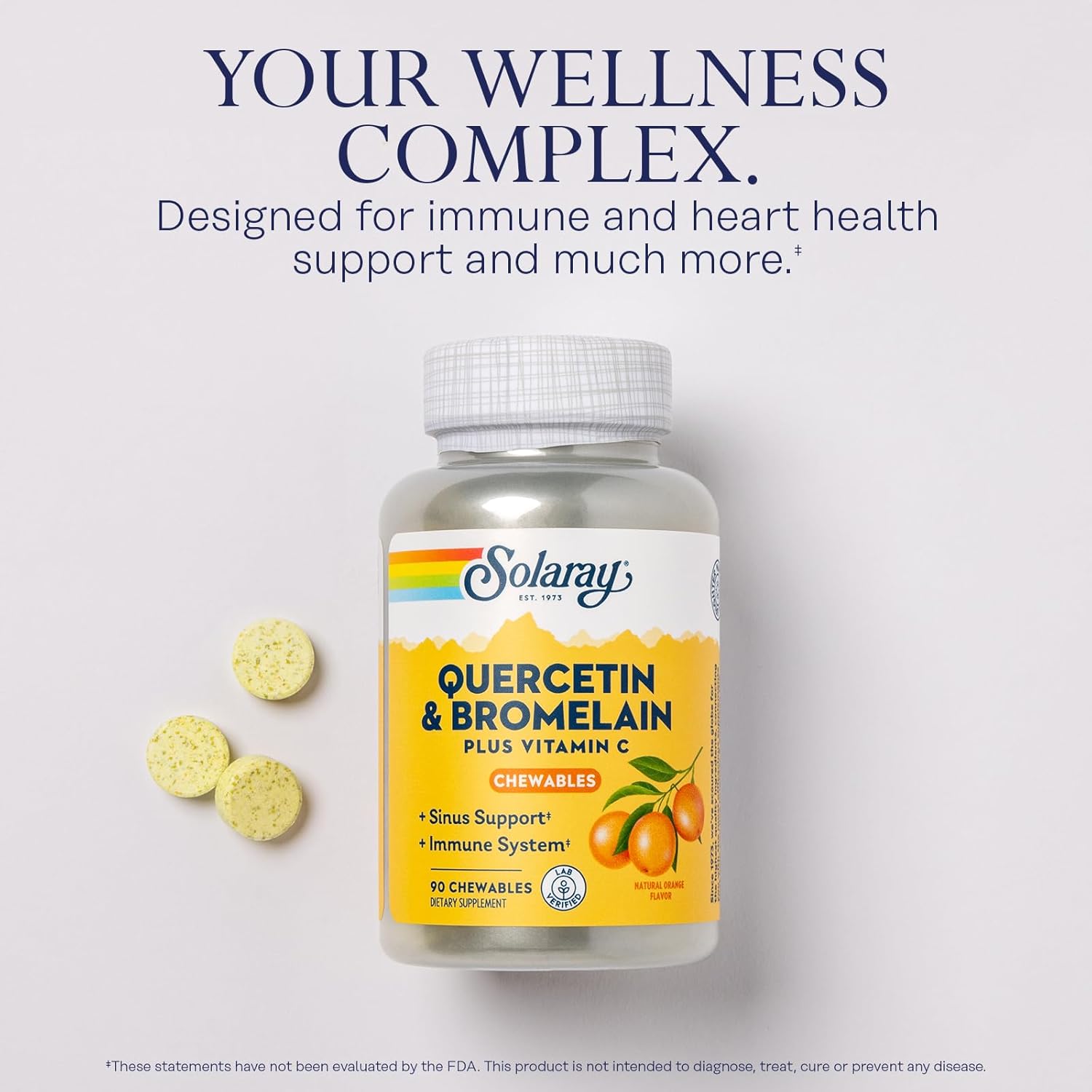 Quercetin with Bromelain and Vitamin C Chewables - Immune Support Supplement - 1250mg Vit C - Natural Orange Flavor - 90ct