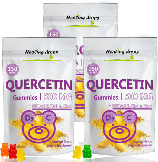 Quercetin with Bromelain Gummies - Vitamin C, Zinc, and D3 - 500mg Healing Drops for Kids and Adults (Pack of 3)