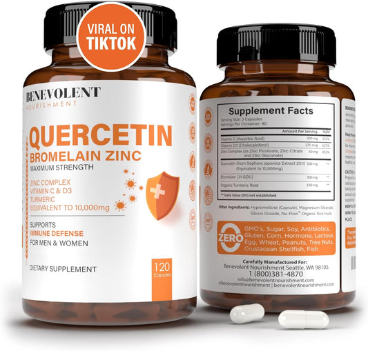 Quercetin with Bromelain, Zinc, Vitamin C & D, Turmeric - Immune & Respiratory Support - 120 Capsules - Non-GMO - Enhanced Absorption