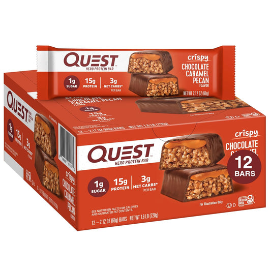Quest Nutrition Chocolate Caramel Pecan Hero Protein Bar - 15g Protein, 1g Sugar, 3g Net Carb - Gluten Free, Keto Friendly - 12 Count Pack