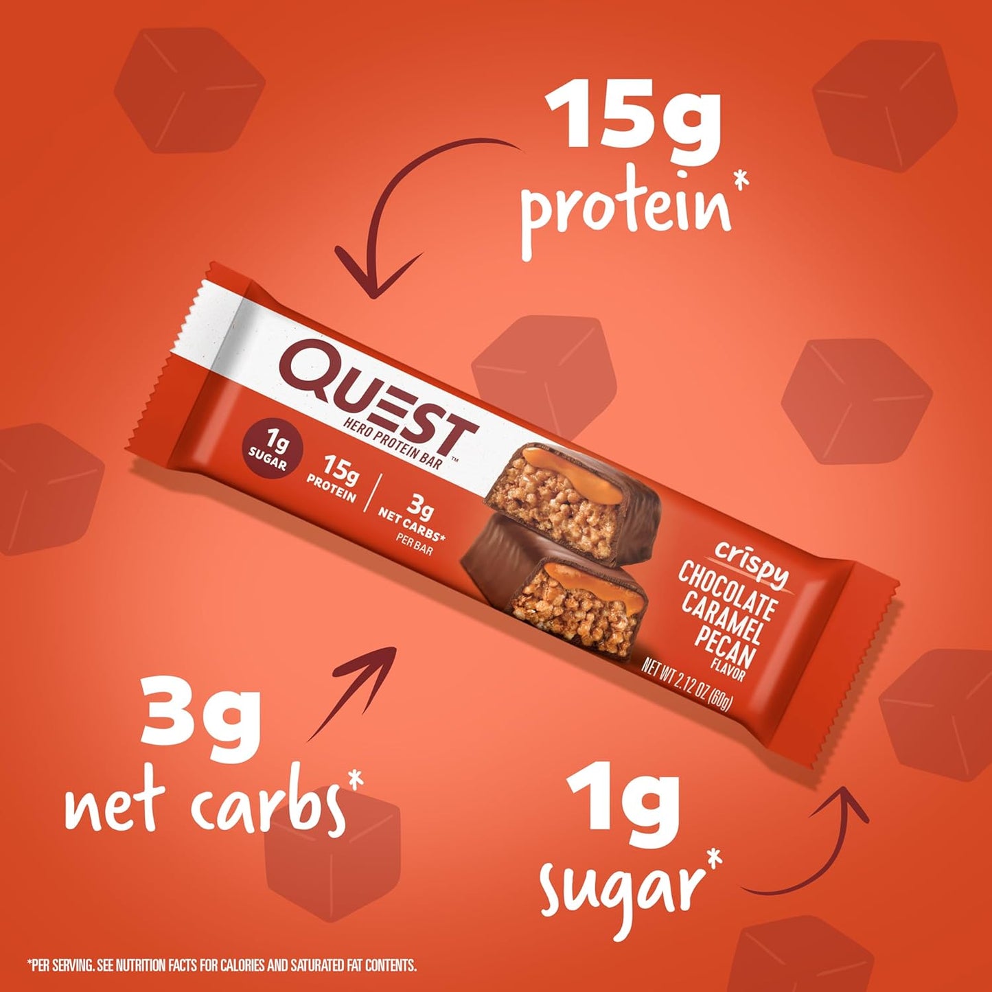 Quest Nutrition Chocolate Caramel Pecan Hero Protein Bar - 15g Protein, 1g Sugar, 3g Net Carb - Gluten Free, Keto Friendly - 12 Count Pack