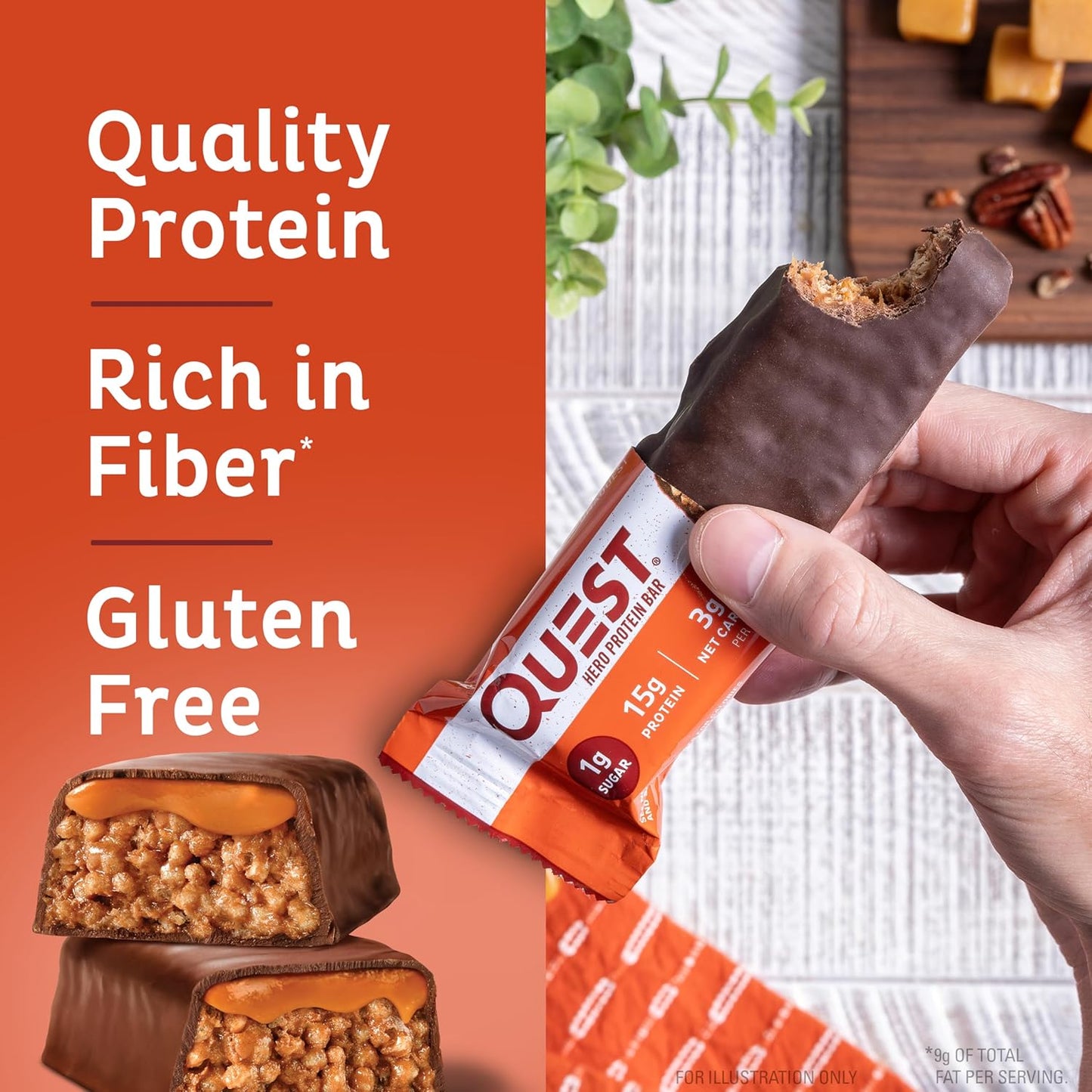 Quest Nutrition Chocolate Caramel Pecan Hero Protein Bar - 15g Protein, 1g Sugar, 3g Net Carb - Gluten Free, Keto Friendly - 12 Count Pack