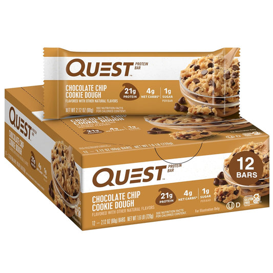 Quest Nutrition Chocolate Chip Cookie Dough Protein Bars - 21g Protein, 1g Sugar, 4g Net Carb - Gluten Free, Keto Friendly - 12 Count