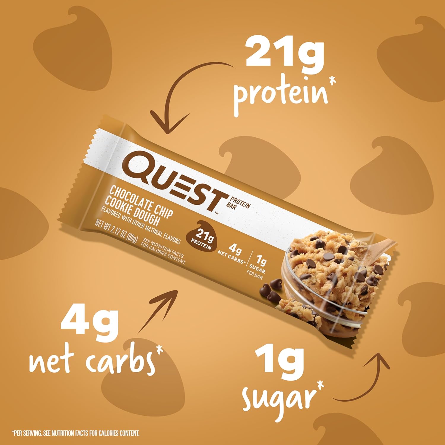 Quest Nutrition Chocolate Chip Cookie Dough Protein Bars - 21g Protein, 1g Sugar, 4g Net Carb - Gluten Free, Keto Friendly - 12 Count