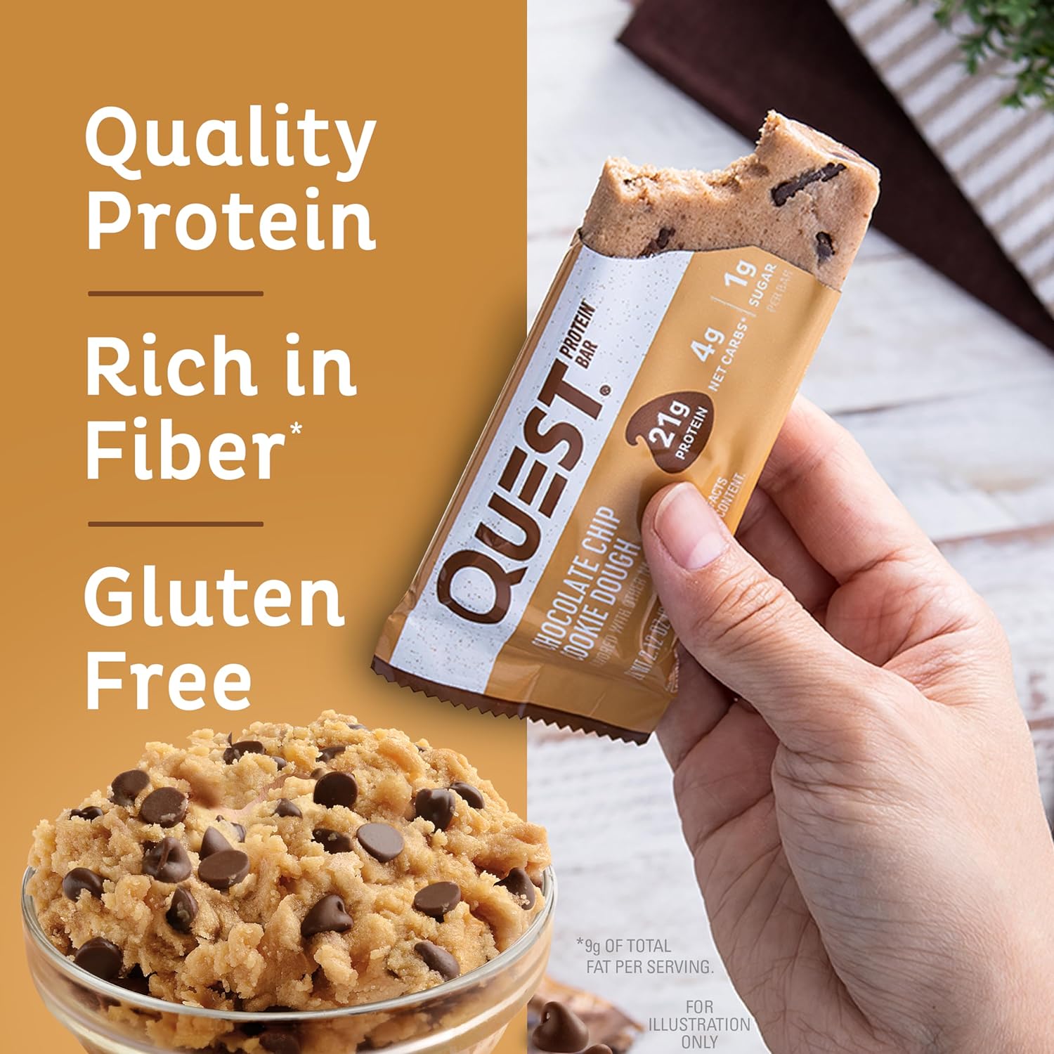 Quest Nutrition Chocolate Chip Cookie Dough Protein Bars - 21g Protein, 1g Sugar, 4g Net Carb - Gluten Free, Keto Friendly - 12 Count