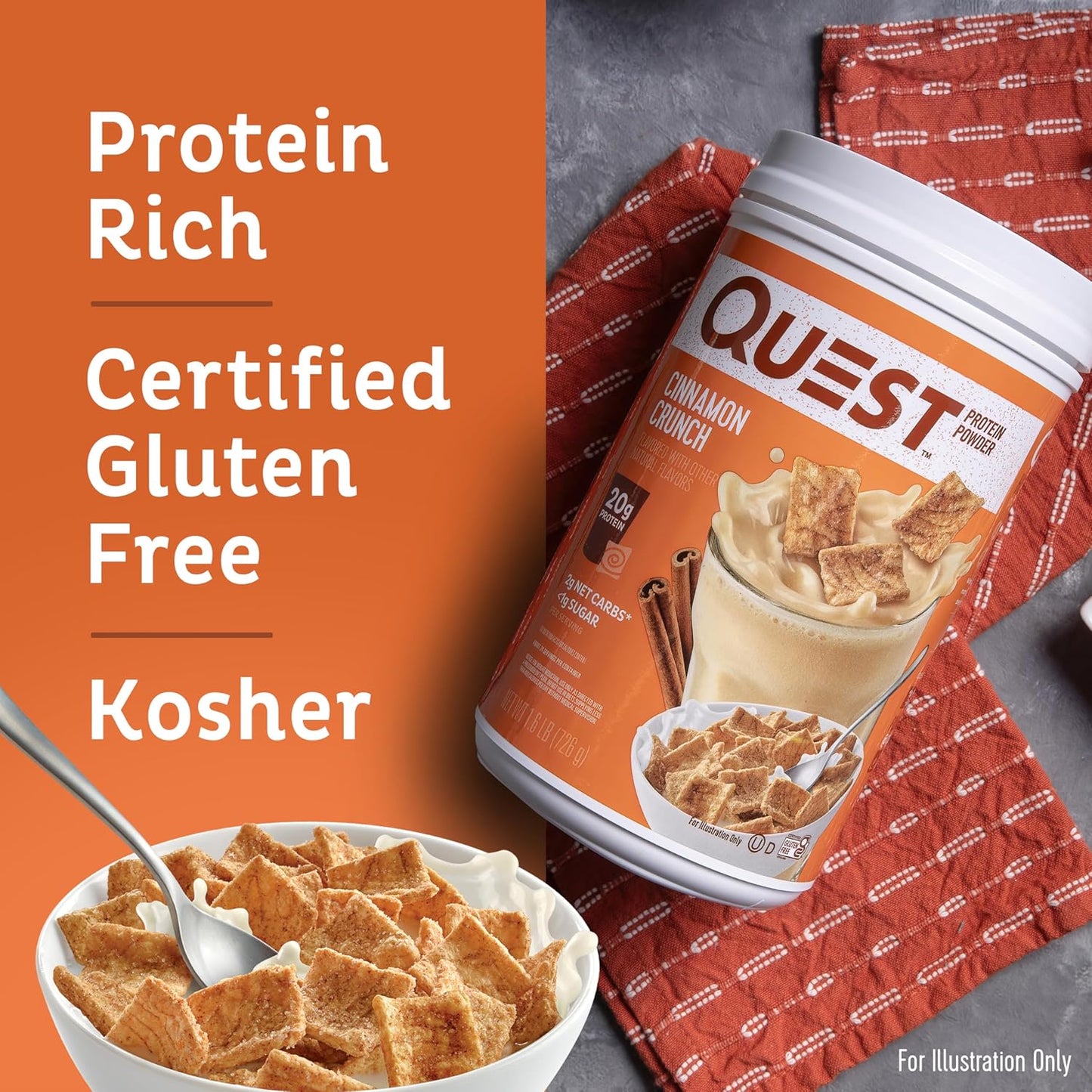 Quest Nutrition Cinnamon Crunch Protein Powder - 20g Protein, 2g Net Carb, Gluten Free - 1.6lb, 24 Servings