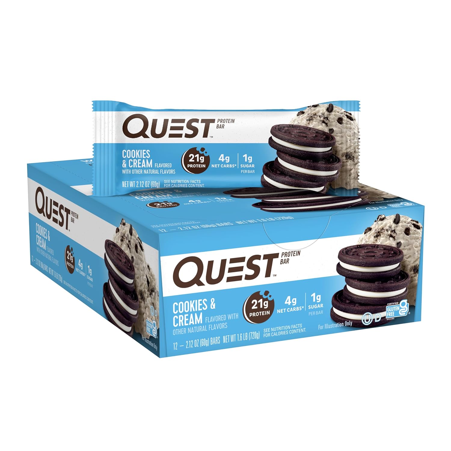 Quest Nutrition Cookies & Cream Protein Bars - High Protein, Low Sugar, Low Carb, Gluten Free, Keto Friendly - 12 Bars