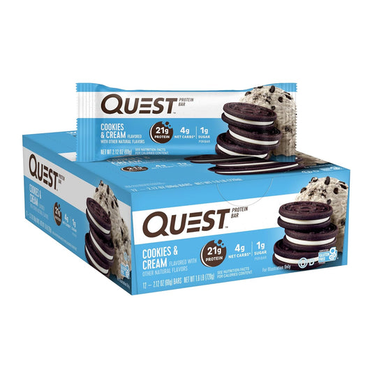 Quest Nutrition Cookies & Cream Protein Bars - High Protein, Low Sugar, Low Carb, Gluten Free, Keto Friendly - 12 Bars