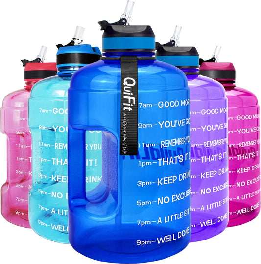 QuiFit Motivational Gallon Water Bottle with Straw, Time Marker, Handle - BPA Free Reusable Sport Jug for Fitness Outdoor Activities
